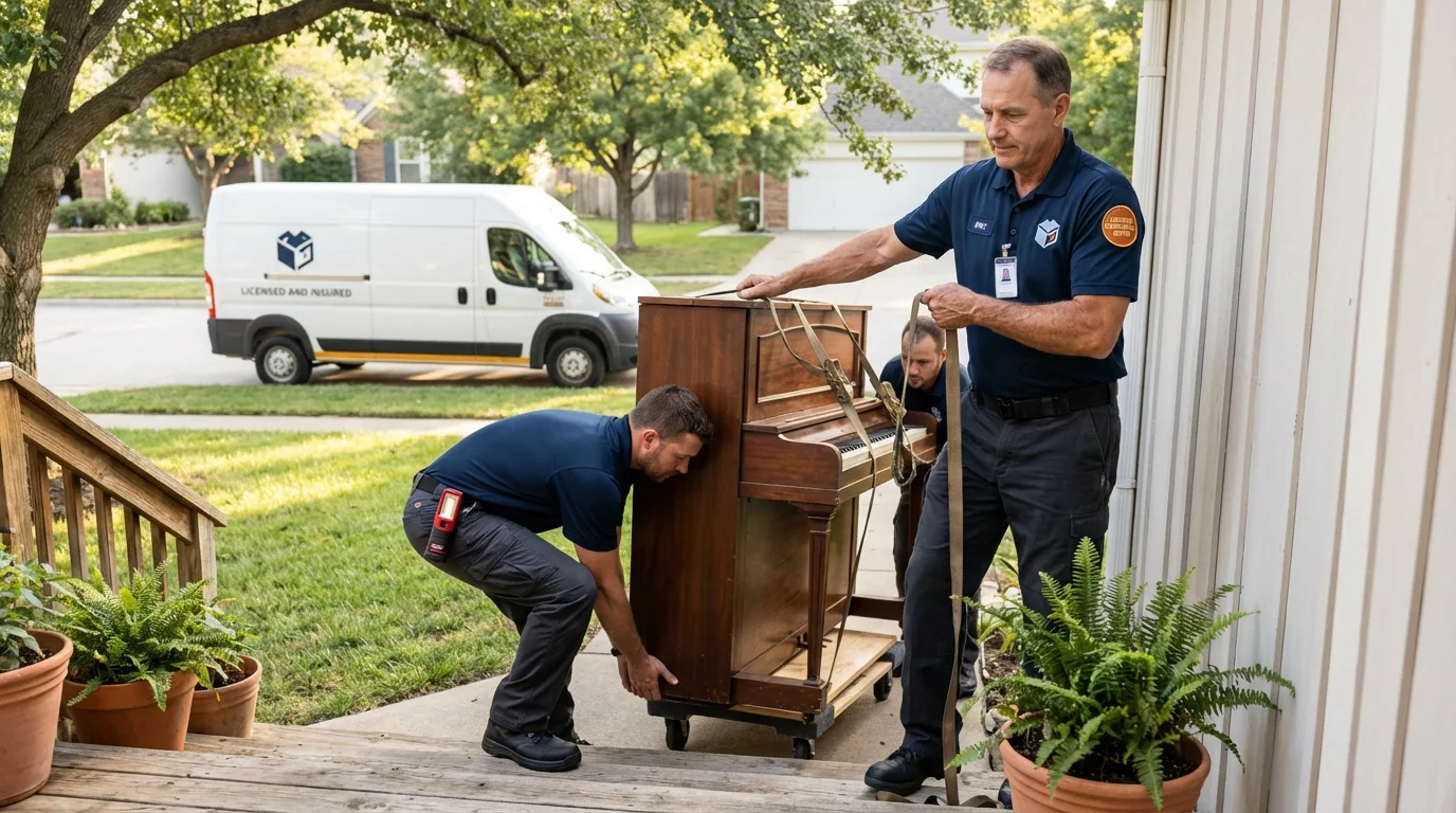 Licensed piano movers securing grand piano in Tuttle, OK