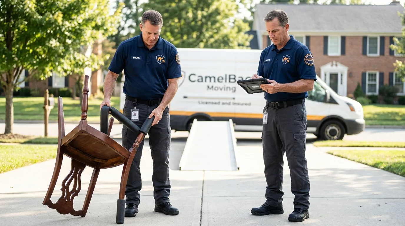Movers inspecting furniture for damage prevention before loading in Tuttle, OK